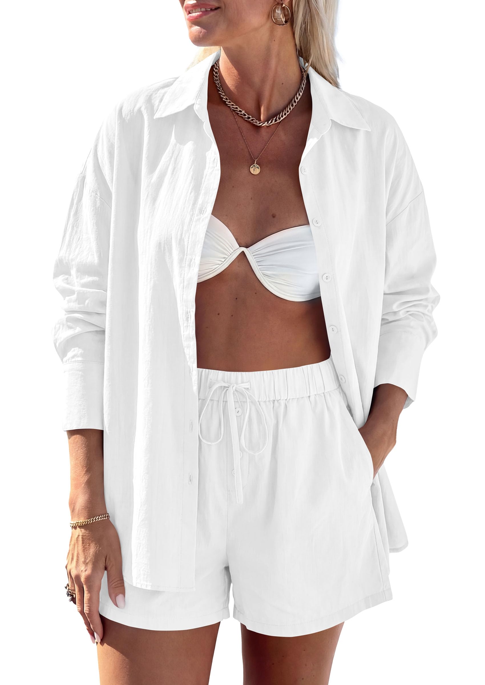 PRETTYGARDEN Women's Summer 2 Piece Matching Lounge Sets Pajamas Long Sleeve Shirts Blouse Pockets Shorts 2026 Spring Outfits