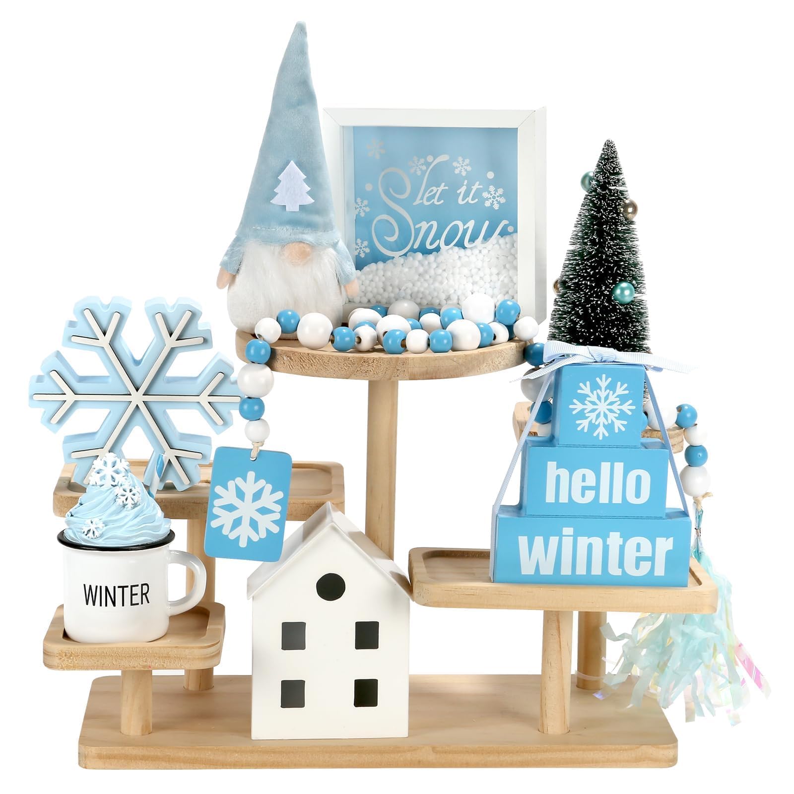 Christmas Decorations 8 PCS Tiered Tray Decor Set, Cute Tabletop Christmas Decor for Home Office Shelf Mantel Coffee Bar Xmas Table Centerpieces Tray Objects Holiday Decoration Set