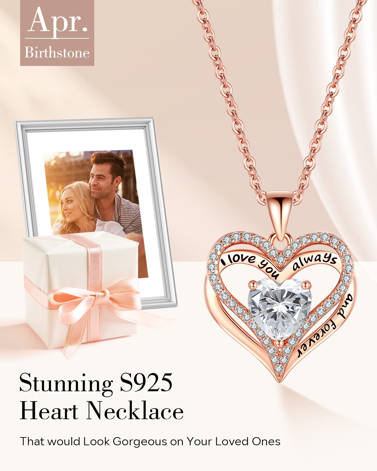 S925 Sterling Silver Necklace for Women, Wife Jewelry Rose Gold, Mom Birthday Valentines Mothers Day Gifts, Girlfriend Necklaces, Daughter Heart Jewel, Anniversary for Her