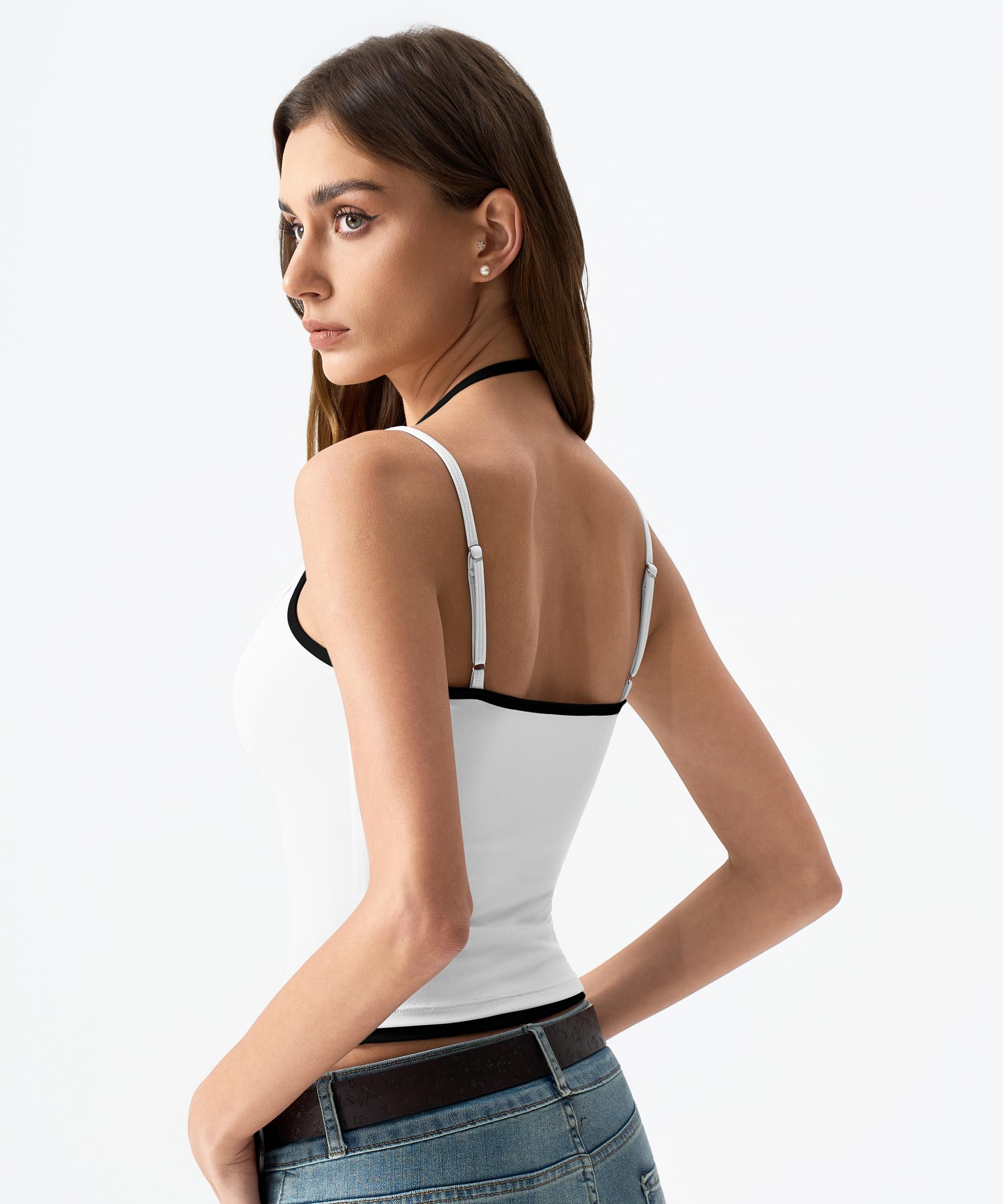 QINSEN Women's Spaghetti Strap Tank Top Slim Fitting Layered Halter Neck Sleeveless Crop Cami Shirt