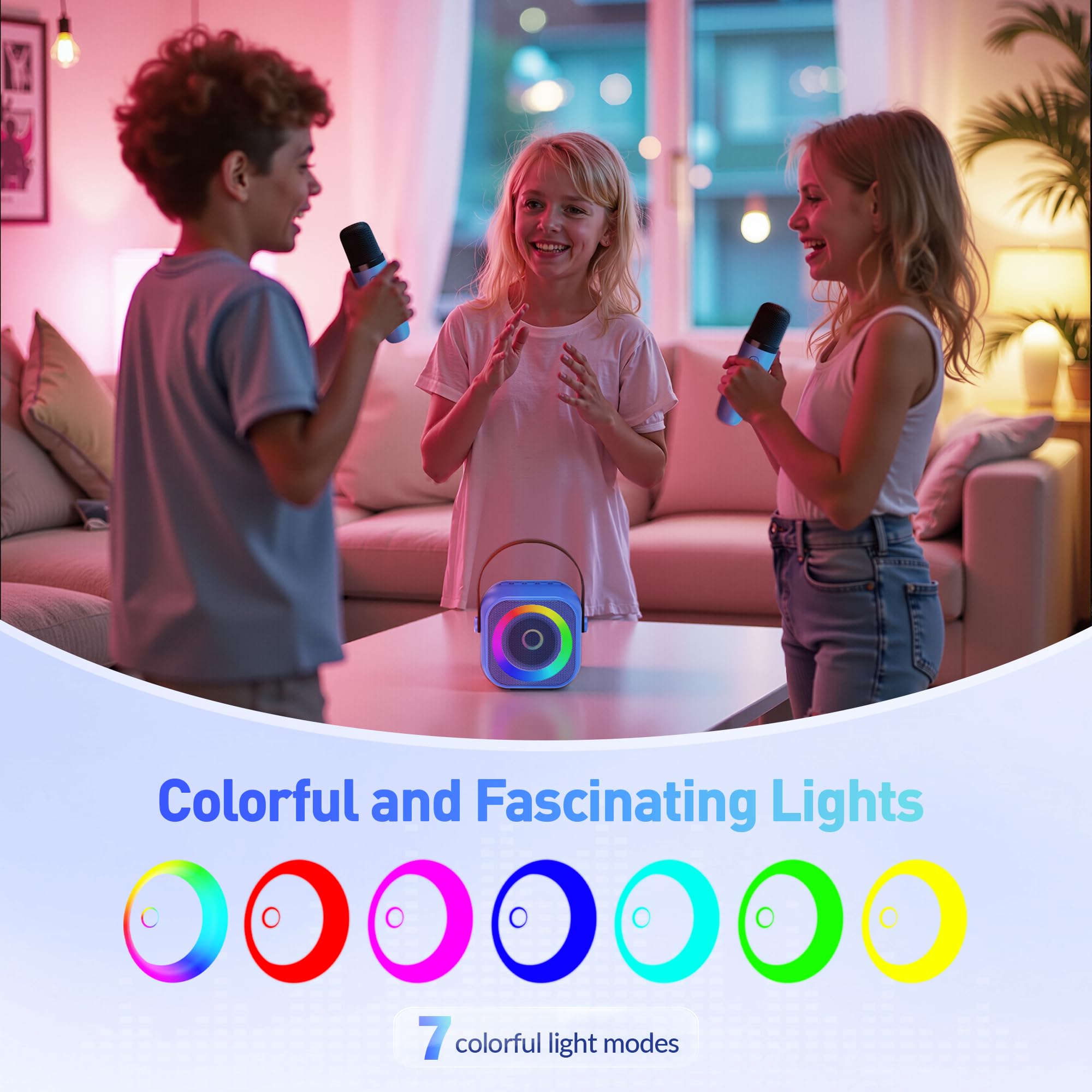 Mini Karaoke Machine, Portable Bluetooth Karaoke Speaker with 2 Wireless Microphones and Party Lights for Kids and Adults, Birthday Gifts for Girls Boys Family Home Party