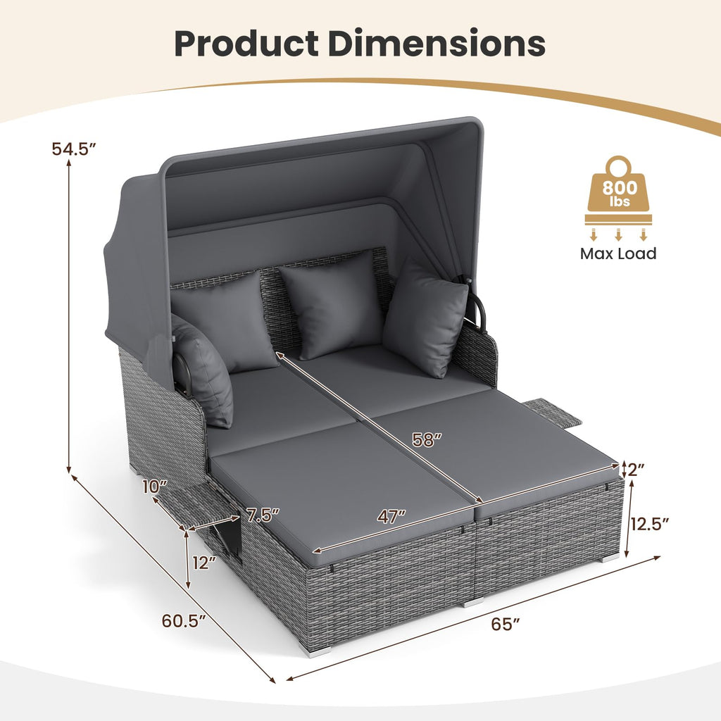 Tangkula Patio Rattan Daybed with Retractable Canopy, Outdoor Wicker Sunbed Lounger with 2 Foldable Side Tables, Thick Seat & Back Cushions, Outside Double Daybed for Garden, Backyard, Porch