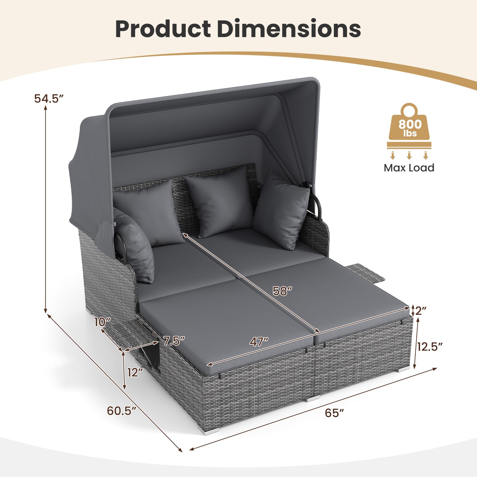 Tangkula Patio Rattan Daybed with Retractable Canopy, Outdoor Wicker Sunbed Lounger with 2 Foldable Side Tables, Thick Seat & Back Cushions, Outside Double Daybed for Garden, Backyard, Porch
