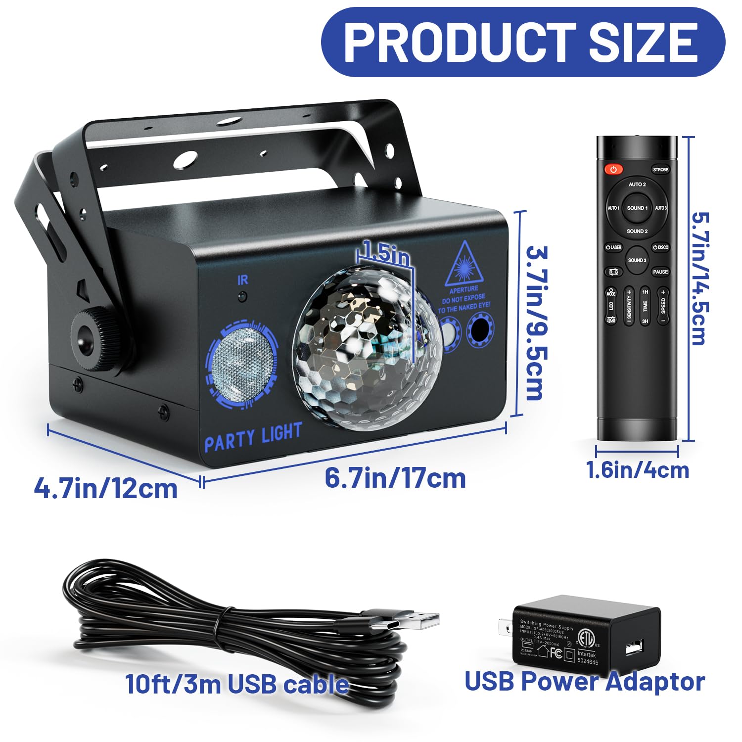 Party Lights DJ Disco Ball & LED Stage Strobe Light with Sound-Activated 10ft USB-C Cable,Remote,Disco Lights for Parties Indoor Use,Birthday,Dance,Clubs,Bar,Living Room,Weddings, Holidays Décor
