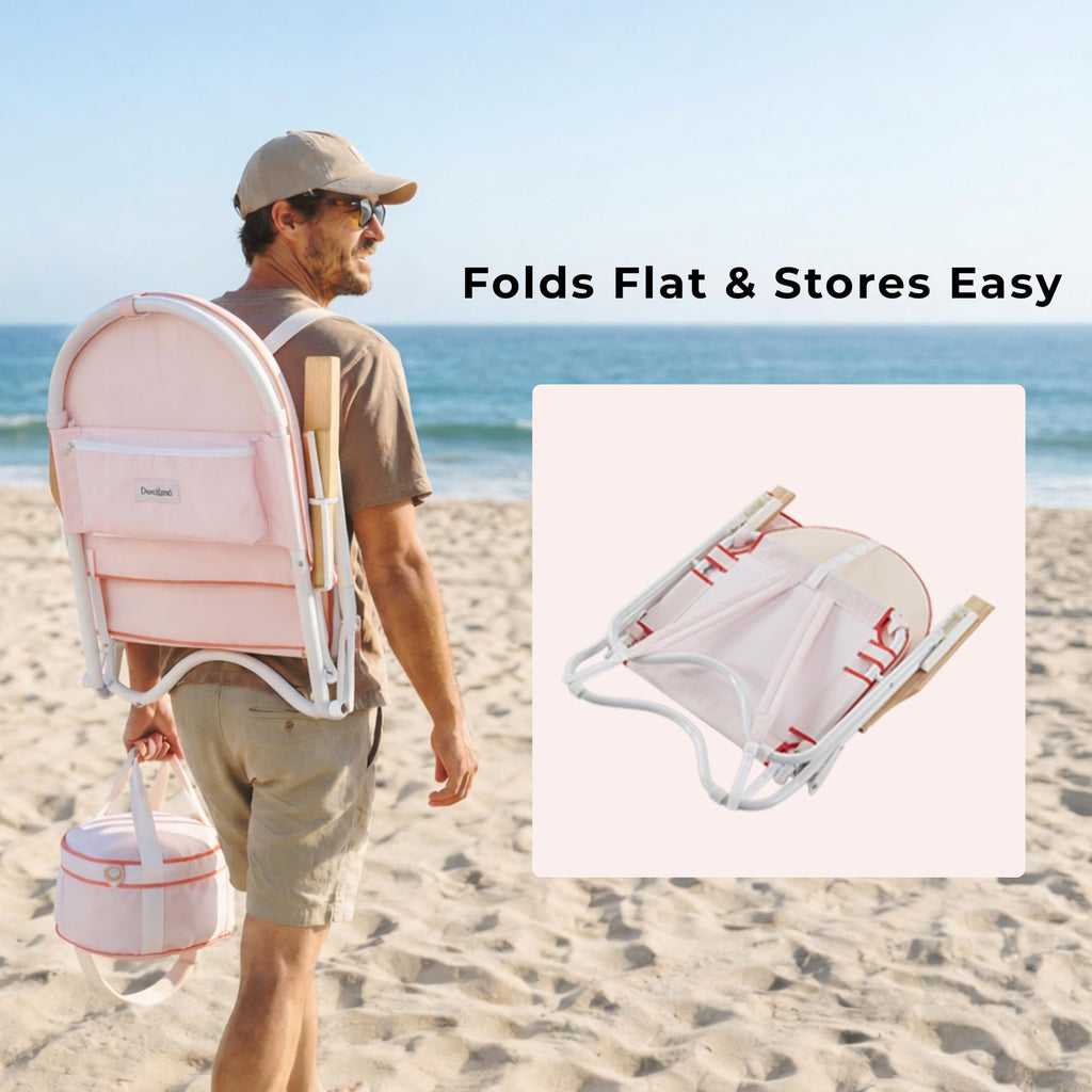 Padded Low Beach Chair, 4-Position Folding Outdoor Chair with Wooden Armrests, Cushioned Seat, Storage Pouch & Carry Strap for Beach, Patio and Lawn, Cala Serena Ochre Stripe