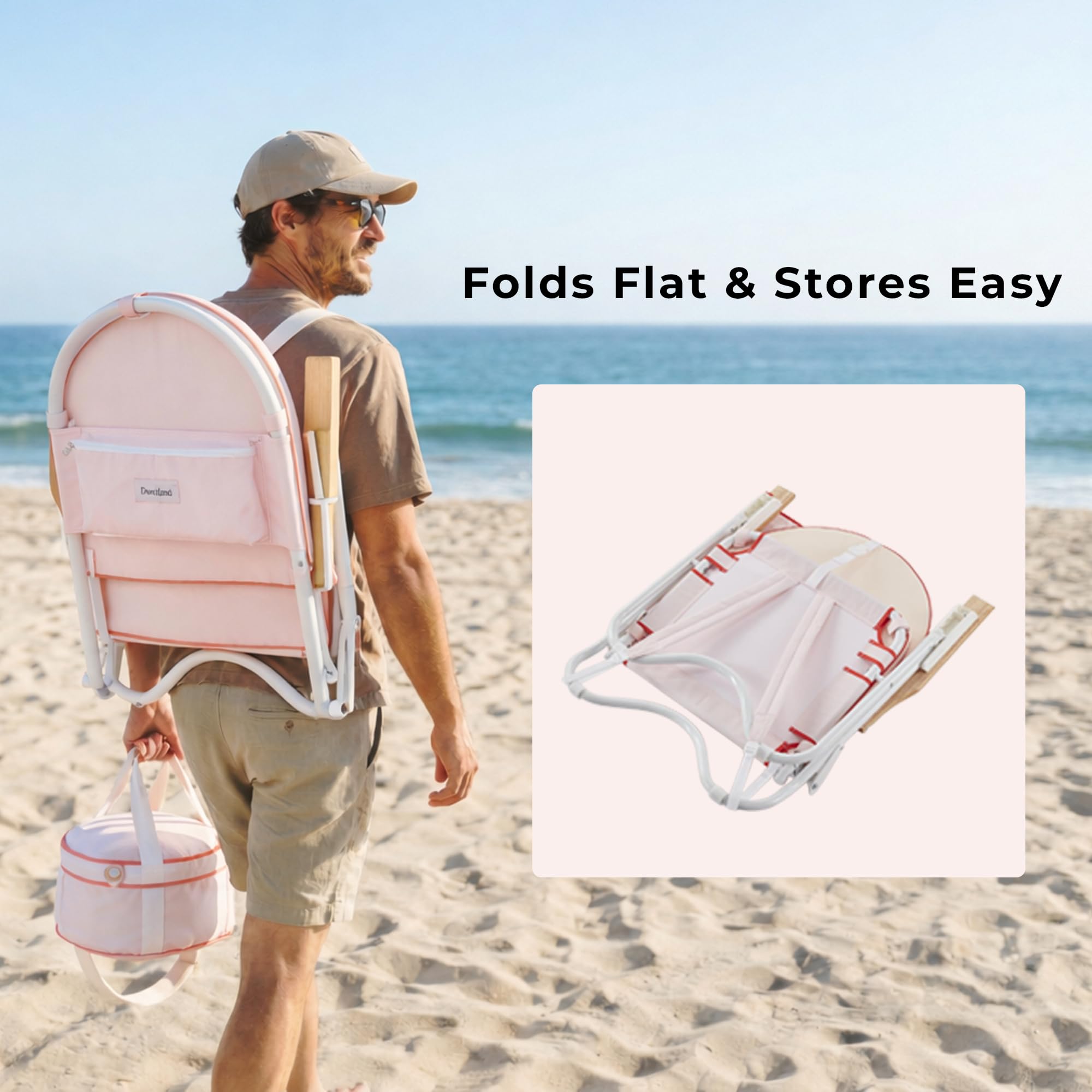 Padded Low Beach Chair, 4-Position Folding Outdoor Chair with Wooden Armrests, Cushioned Seat, Storage Pouch & Carry Strap for Beach, Patio and Lawn, Cala Serena Ochre Stripe