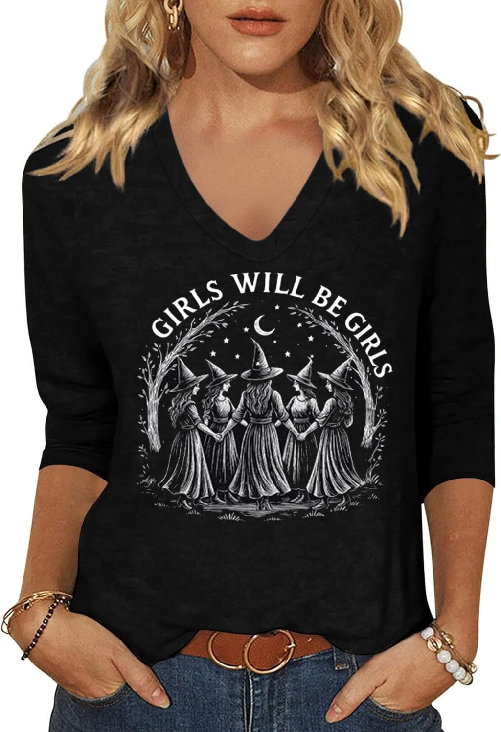 Women's Fall Halloween V Neck Shirt, Hocus Focus Graphic Tee | 3/4 Sleeve, Vintage, Funny Family Party Matching,Casual Holiday Tops,Spooky Season Tee