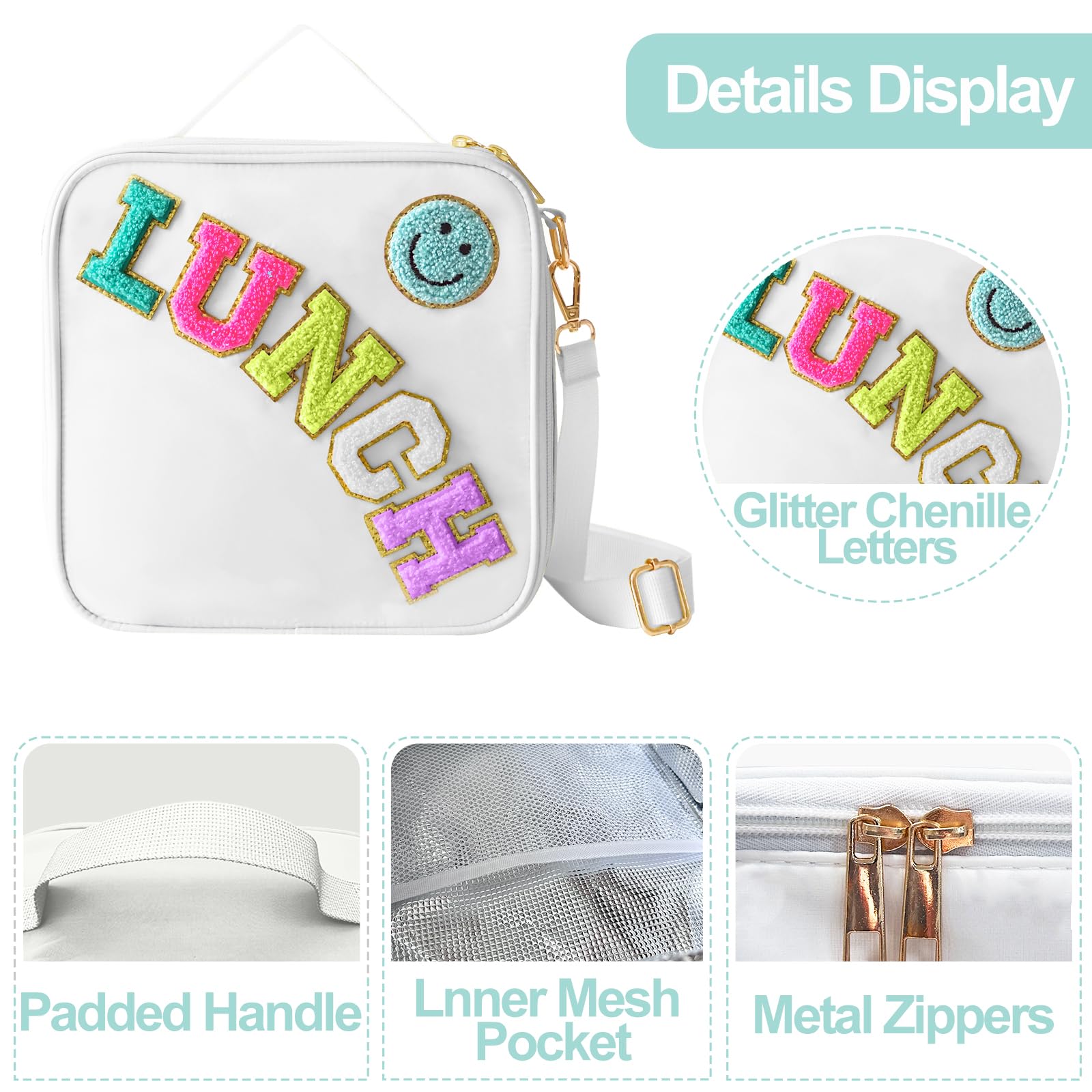 Insulated Lunch Bag With Adjustable Shoulder Strap, Nylon Preppy Lunch Box Large Insulated Lunch Bag Reusable Lunch Tote Bag with Smiley Preppy LunchBag for Girls School Travel Picnic (Purple)