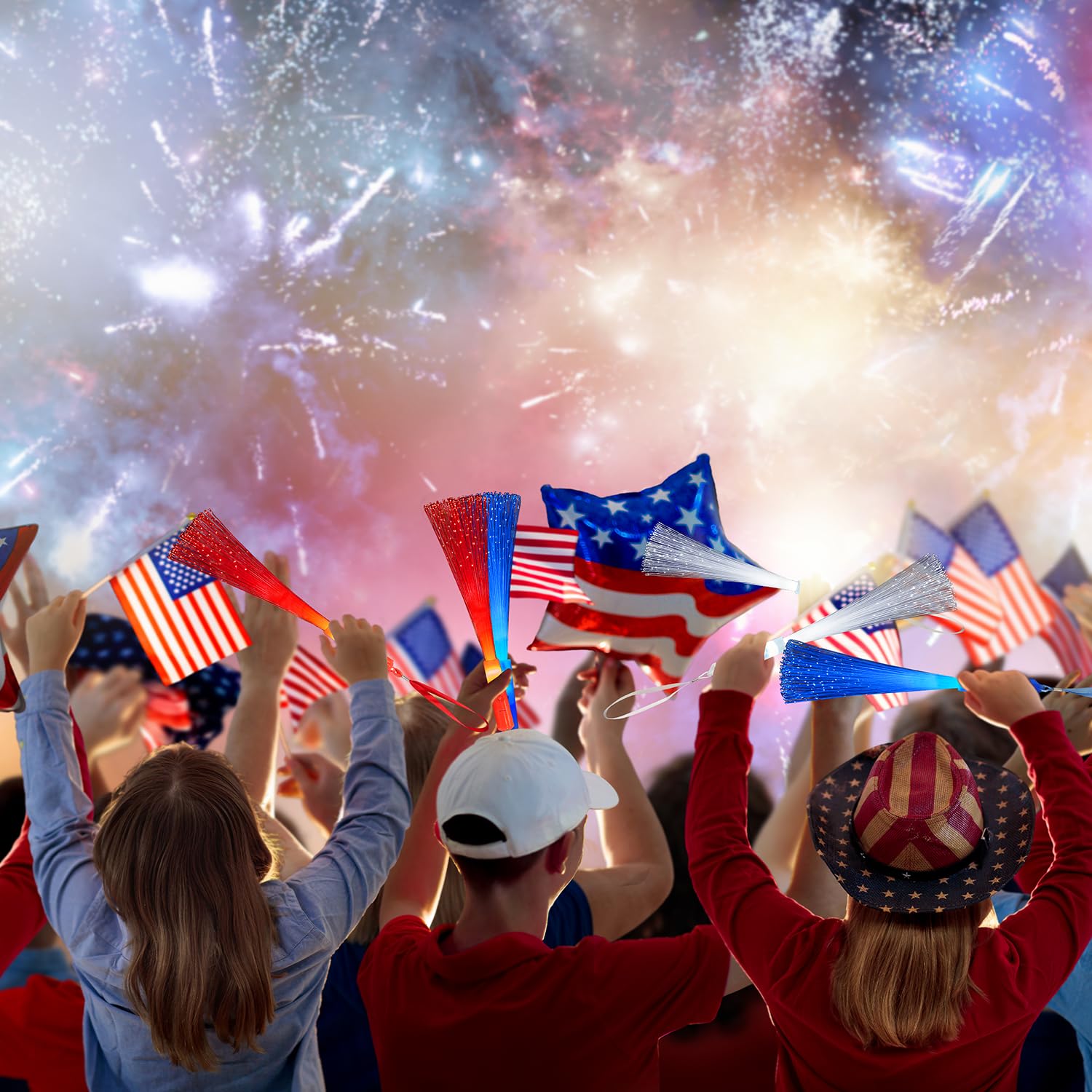 Patriotic Red White Blue Glow Sticks Party Favors Supplies for Kids Bulk-24 Pack, 4th of July Fiber Optic Wand Toys for Toddlers, Sparklers Fireworks Gifts Fourth of July Parade Throws for Boy Girls