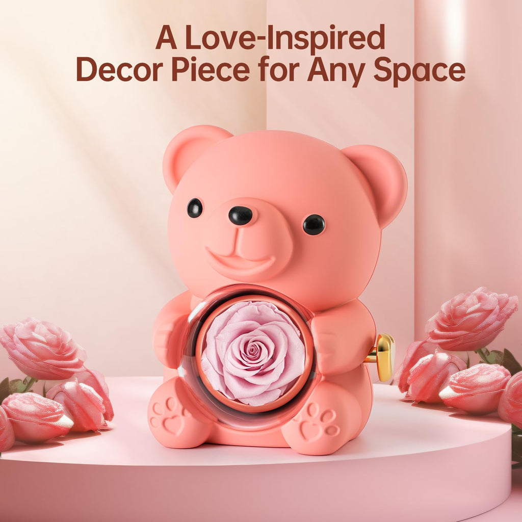Cute Teddy Bear with Preserved Rose - A Real Rose Flower in Bear with Elegant Gift Box - Romantic Gift for Her in Mother's Day, Weddings, Anniversaries, and Bridal Showers (Red)