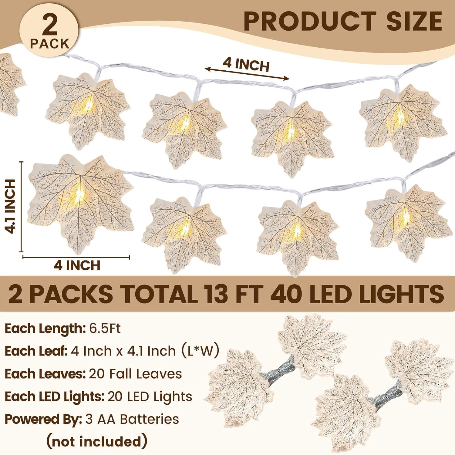 2 Pack Fall Decor Fall Garland with Lights Fall Decorations for Home, Lighted Maples Leaves Garland Total 13Ft 40LED Battery Operated Halloween Thanksgiving Christmas Decor Home Mantel Indoor Outdoor