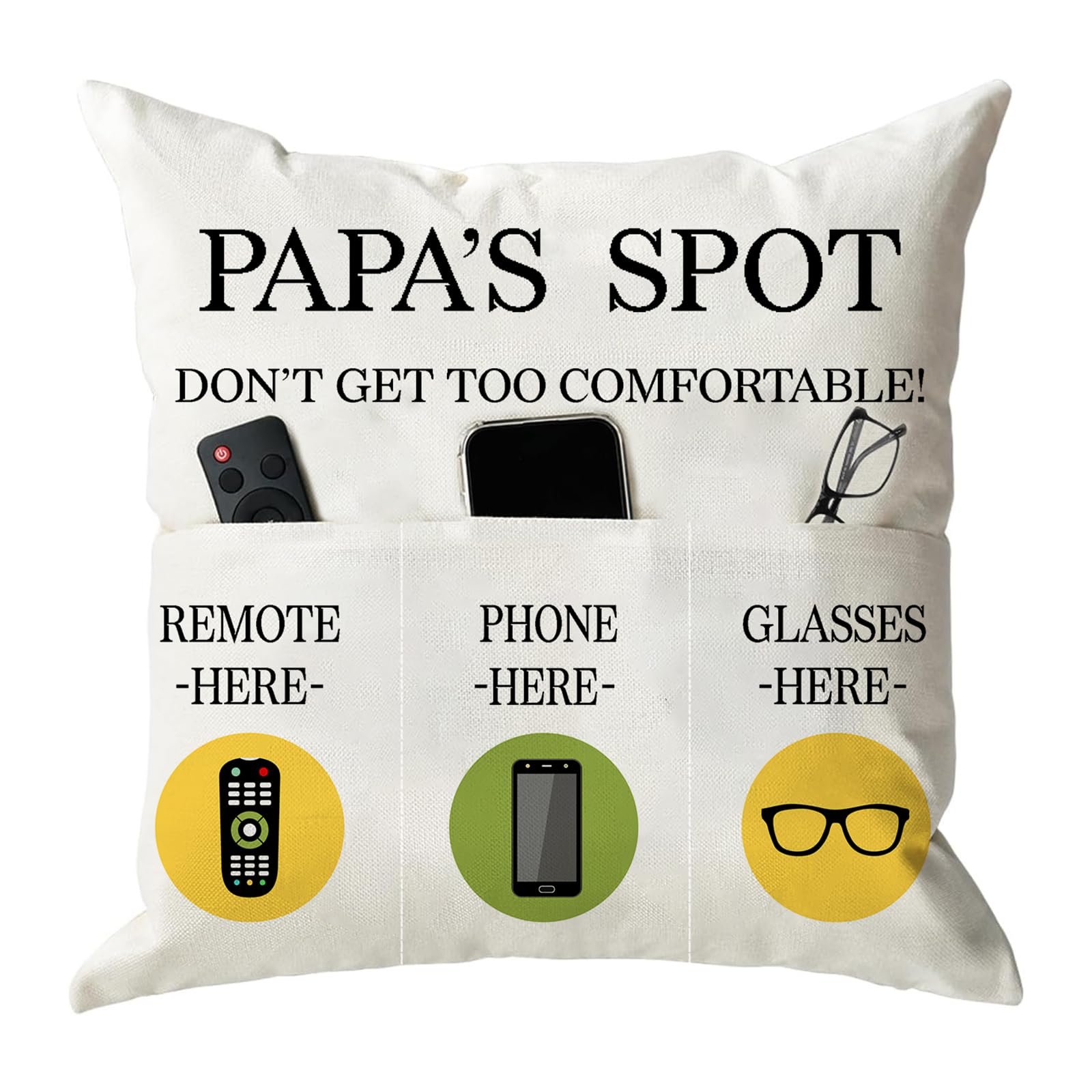 ONFAON Grandpa Gifts,Grandpa's Spot Throw Pillow Covers 18x18 Inch,Put Phone Glasses and Remote Control Pillowcase,Birthday Christmas Thanksgiving Day Gifts for Grandpa Stepdad,3-Pocket