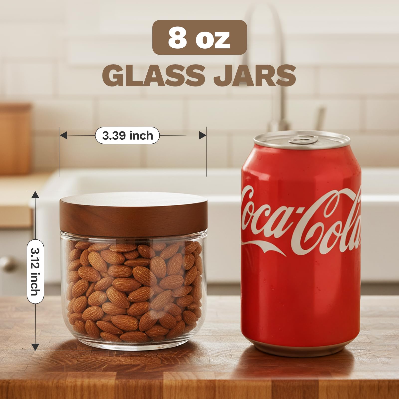 Bumobum 10 oz Small Glass Jars with Lids, Glass Container with Acacia Wood Airtight Lid, Wide Mouth Canisters for Chia Pudding Loose Tea Coffee Meal Prep Parfait Salad Snacks Yogurt Spice, 4-Pack