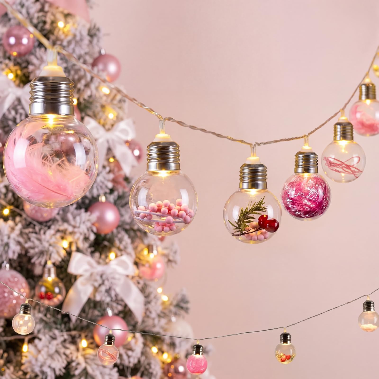 Aurelema Christmas Tree Snow Globe String Lights 6.56 FT 10 LED Xmas Light Balls with 5 Christmas Figurines Constant Vintage Decor Lighting for Indoor Outdoor Xmas Party Decoration(Red)