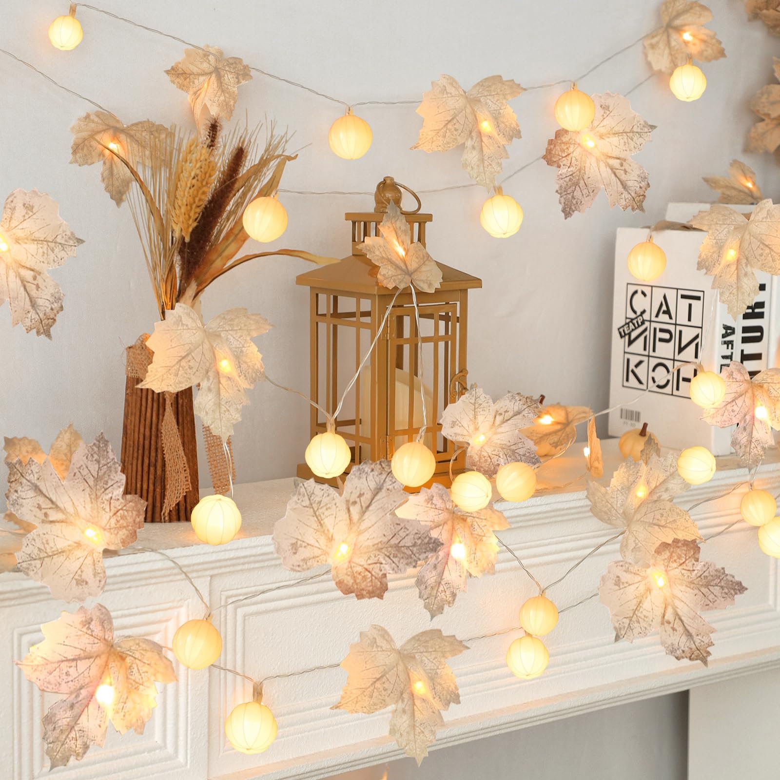 3 Pack Fall Decor Fall Garland with Pumpkin Lights&Enlarged Maple Fall String Lights Pumpkin Decor, 30Ft 60LED Waterproof Battery Operated Christmas Halloween Thanksgiving Fall Decorations for Home