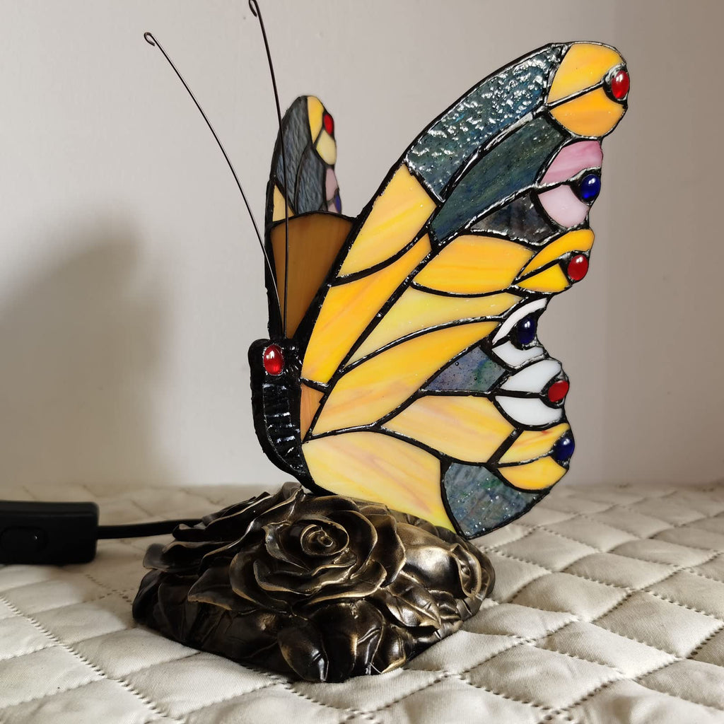 Bedside Table Lamp LED Tiffany Blue Fairy Butterfly Nightstand Table Lamps Stained Glass Shade ON Off Switch Home Office Desk Lamp Night Light Girl Grandma Mothers Day Gifts W/Gift Box