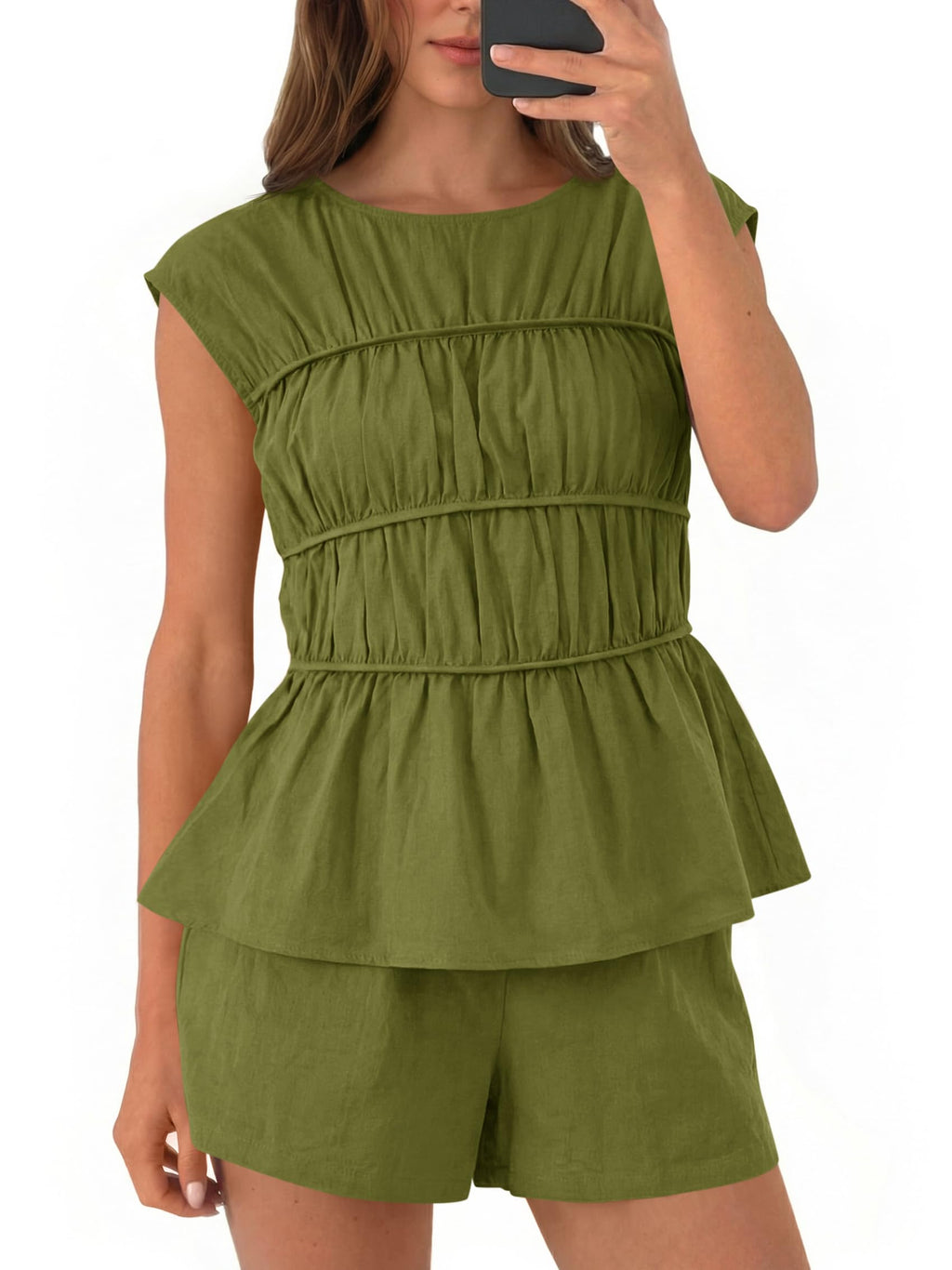 Tankaneo Womens Summer Smocked 2 Piece Short Sets Cap Sleeve Babydoll Peplum Blouse Casual Matching Set Vacation Outfits