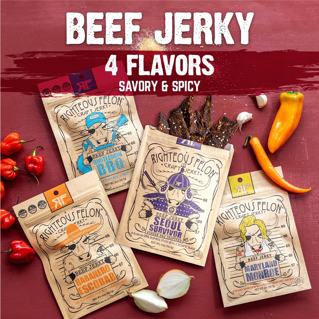 Righteous Felon Beef Jerky & Meat Sticks Variety Pack - Father's Day Jerky Sampler for Dad - Gluten Free Beef Jerky Snack Packs - High Protein, Keto, Low Sugar - Gifts for Men - 11 Pack Sampler