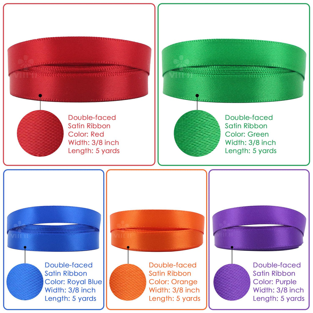 MEEDEE 3/8 Inch Satin Ribbon Set – 10 Rolls Rainbow Double Face Ribbon for Gift Wrapping, 5 Yards Each (Total 50 Yards), Decorative Ribbon for Presents & Party Favors