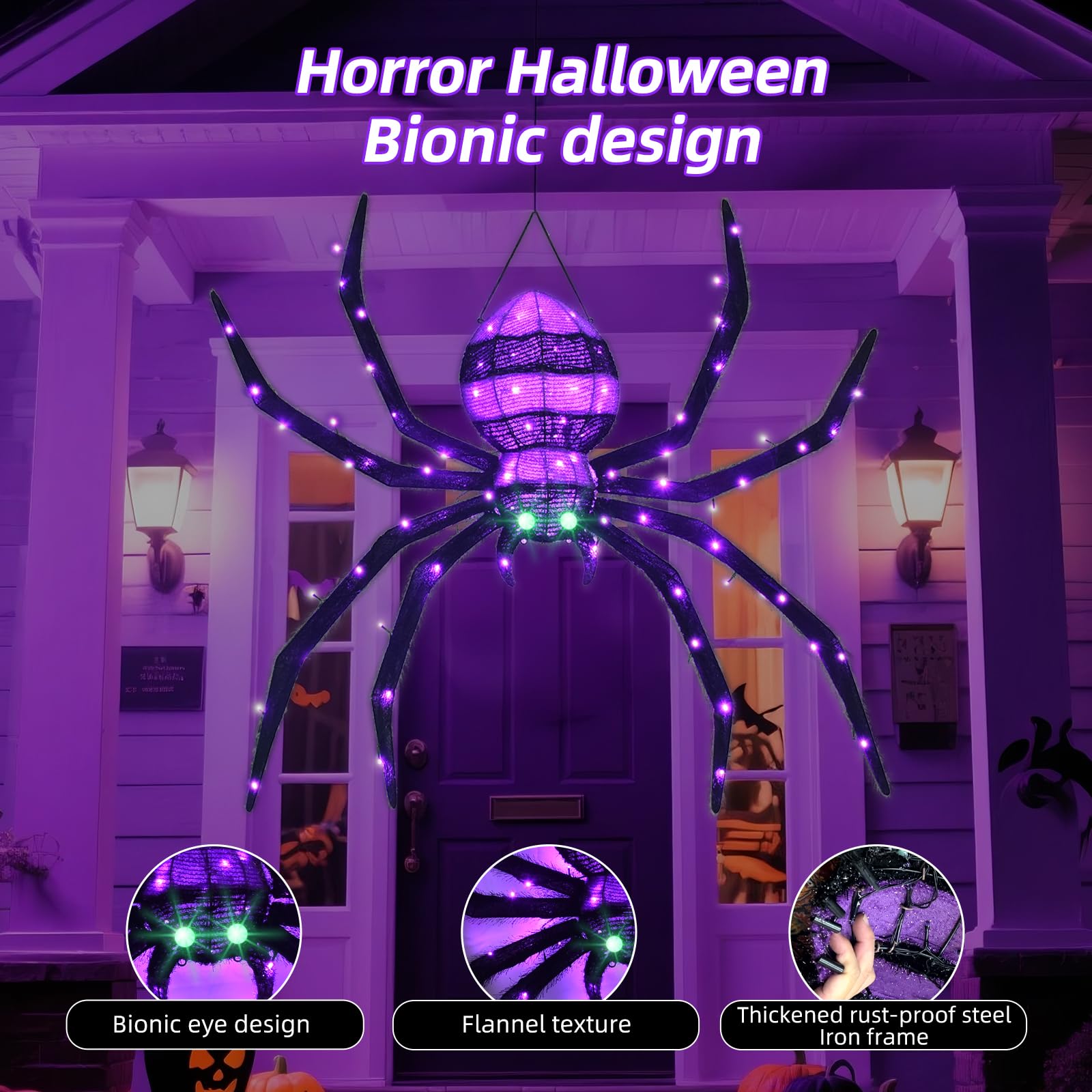 Halloween Decorations Outside Giant Spider - HOYECHI Outdoor Halloween Decor Lighted Spider 4.2FT, Light Up Spider with 90 LED Lights, Ground Stakes, for Front Yard Porch Gardens Lawns Party