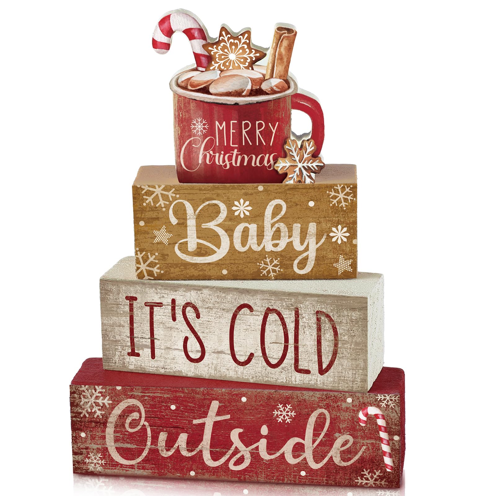 Moucuny 4 Pcs Christmas Table Decor Wooden Hot Cocoa Decoration Christmas Centerpiece Winter Tiered Tray Decor Decorative Red Hot Cocoa Block Signs Gift Farmhouse Xmas Decoration for Home Kitchen