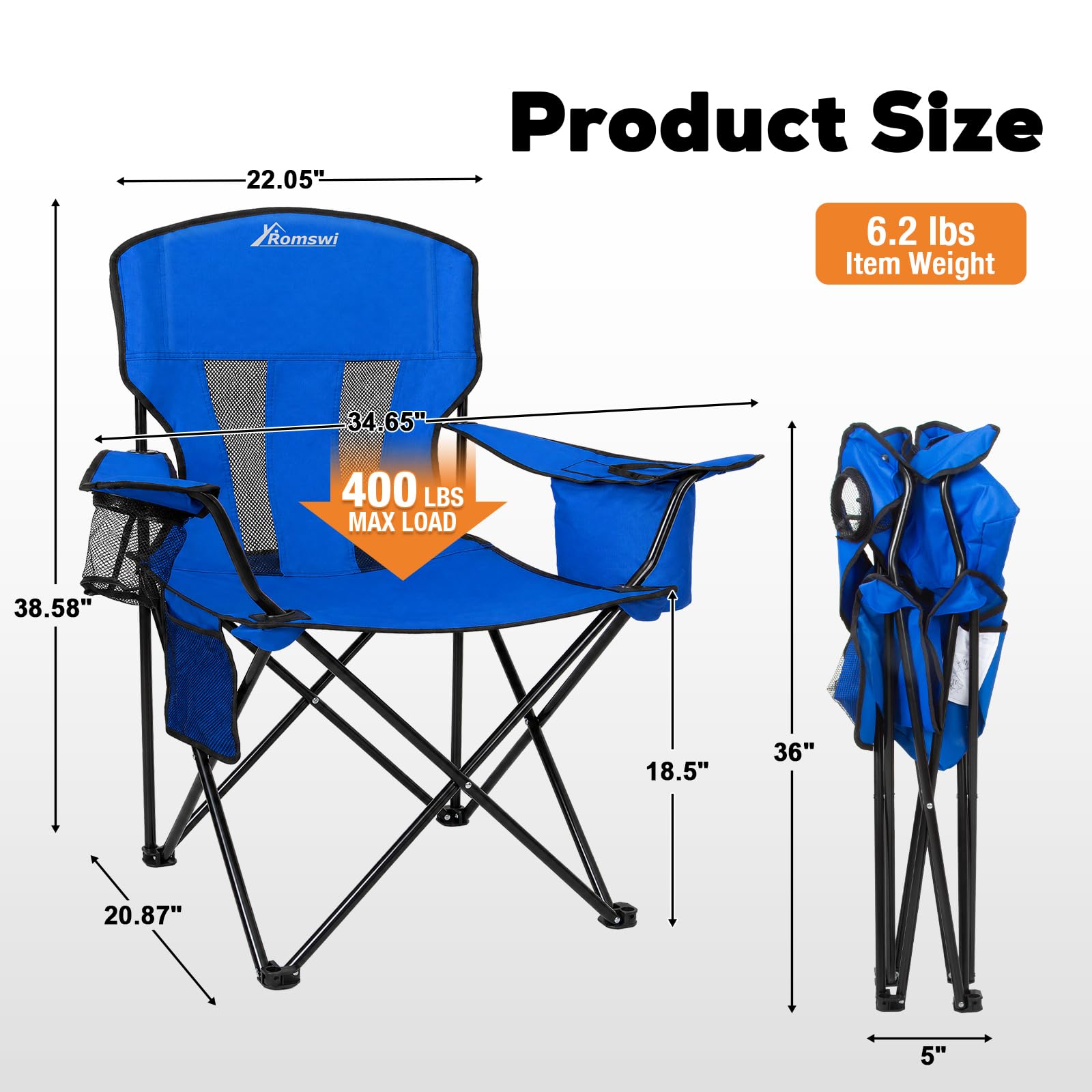 Camping Chairs for Adults 2 Pack, Folding Chair with 4-Can Cooler Bag & Cup Holder, Portable Heavy Duty Outdoor Chair with Mesh Back for Camping, Beach, Lawn, Fishing, Blue