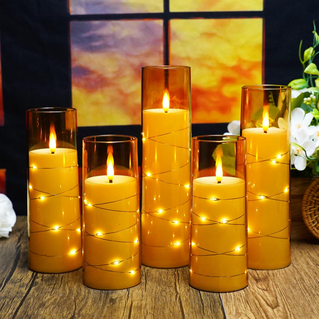 kakoya Flameless LED Candles with Timer 5 Pc Flickering Flameless Candles for Romantic Ambiance and Home Decoration Stable Acrylic Shell,with Embedded Star String，Battery Operated Candles（Red）