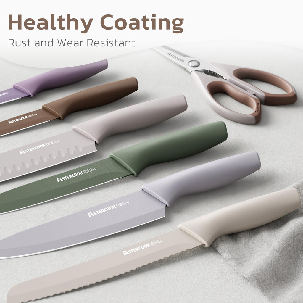 Astercook Knife Set, 13 Pieces Kitchen Knives Set with Healthy Anti-Rust Coating, Dishwasher Safe, Stainless Steel Chef Knife Sets with 6 Blade Guards, Fathers Day Gift for Men
