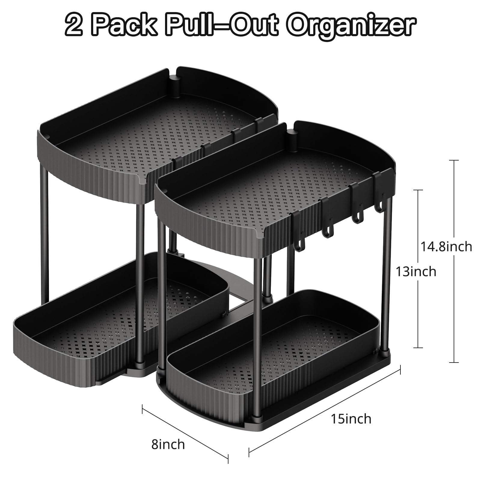 Ukeetap Multi-Purpose Pull-Out Storage Organizers, Under Sink/Cabinet Organizers and Storage for Bathroom & Kitchen, Black, 12.8 Inches, 2 Packs