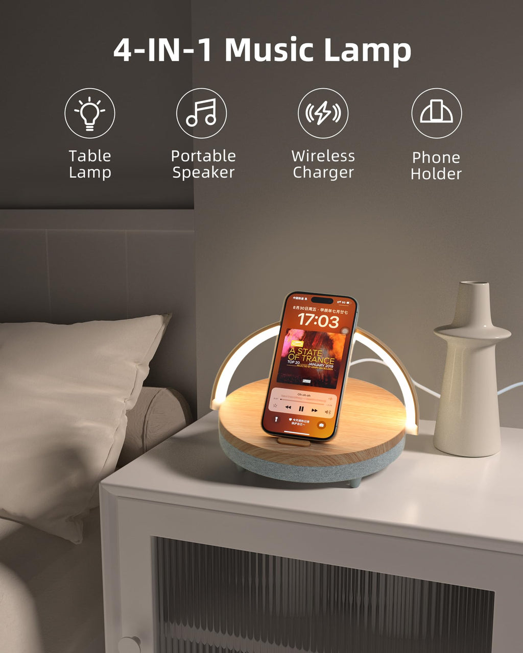 EZVALO Gifts for Mom, 4-in-1 Bedside Lamp with Bluetooth Speaker, Dimmable Night Light, Charging Station and Phone Holder, Birthday Gifts for Women, Teens, Wife and Friends