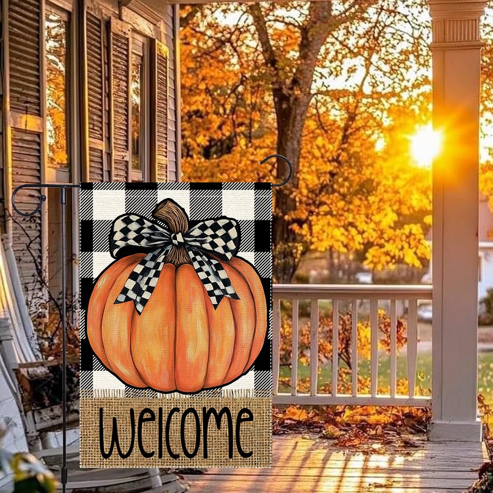 Fall Garden Flag For Outdoor Decor Thanksgiving Garden Flags Autumn Stained Glass Pumpkin Maple Leaf Double Sided Small Burlap Outside Porch Lawn Yard Flags Decorations 12.5x18 Inch