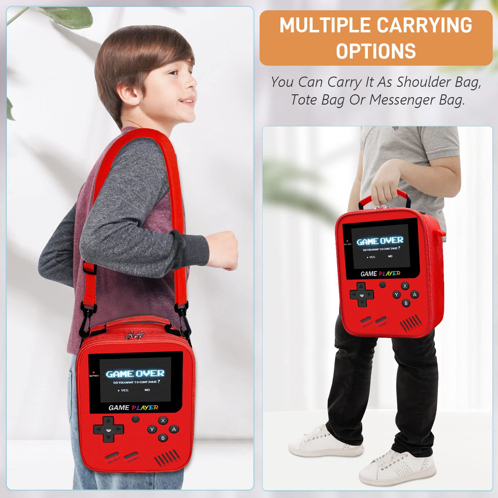Boys Lunch Box for School, Gamer Kids Lunch Bag for Boys Girls, Insulated Video Game Lunchbox Waterproof Leakproof with Adjustable Shoulder Strap