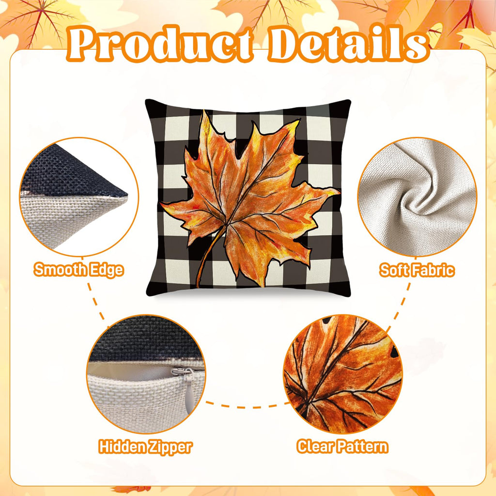 Fall Pillow Covers 18x18 Inch Autumn Pumpkin Maple Leaf Throw Pillowcase Orange Cushion Case for Thanksgiving Home Farmhouse Couch Sofa Bed Indoor Outdoor Decor (Set of 4)