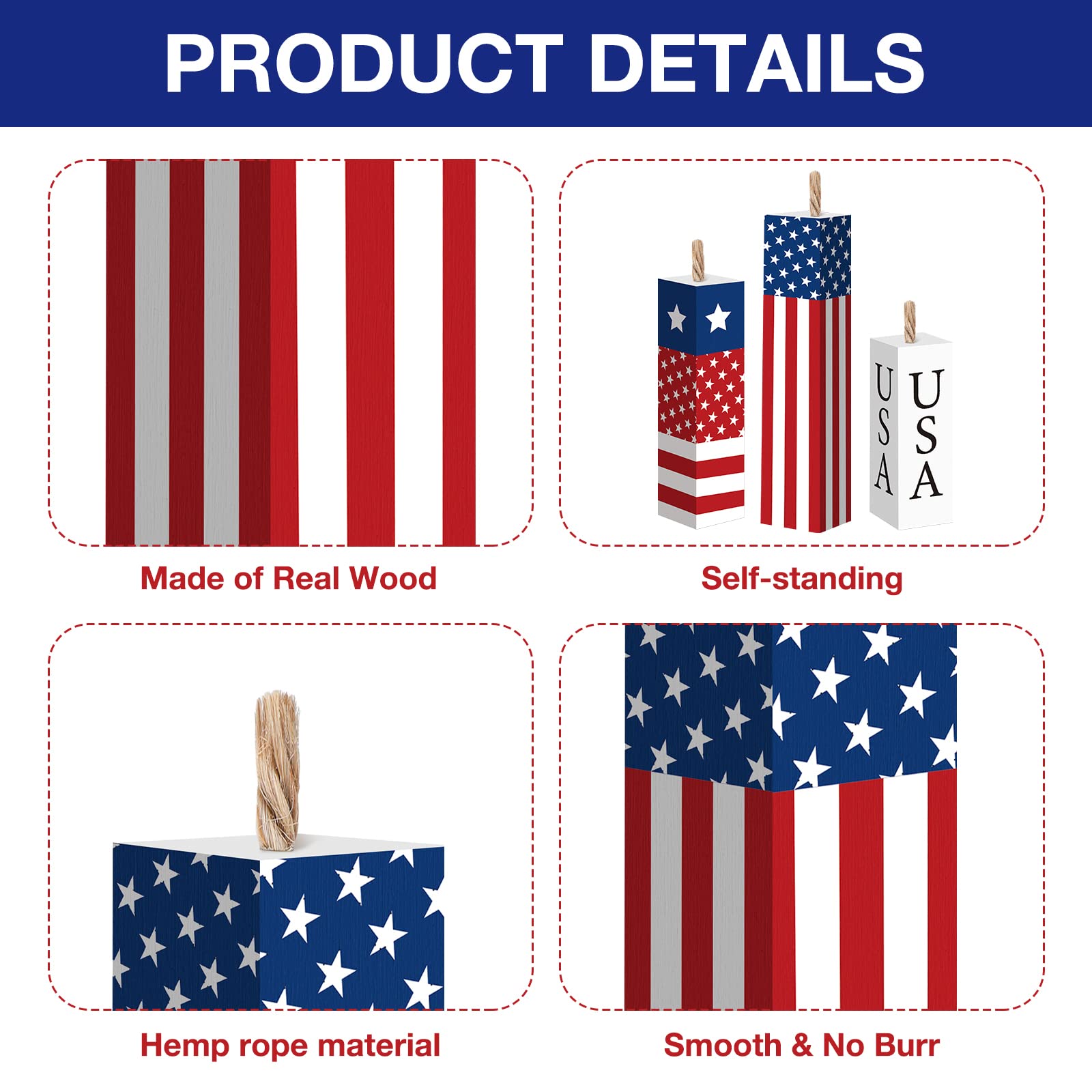 Amyhill 3 Pcs 4th of July Decorations Set Wooden Patriotic Table Centerpieces Independence Day Wood Firework Fourth of July Table Signs for 250th Anniversary Home Farmhouse Decor (Flag)