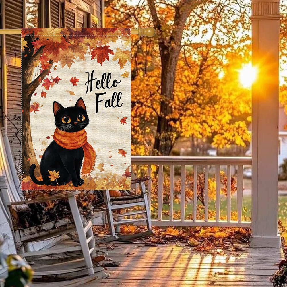 Hello Fall Garden Flag Cat Garden Flags 12x18 Inch Double Sided Vertical Autumn Farmhouse Home Decor Yard Lawn Outdoor Decorations