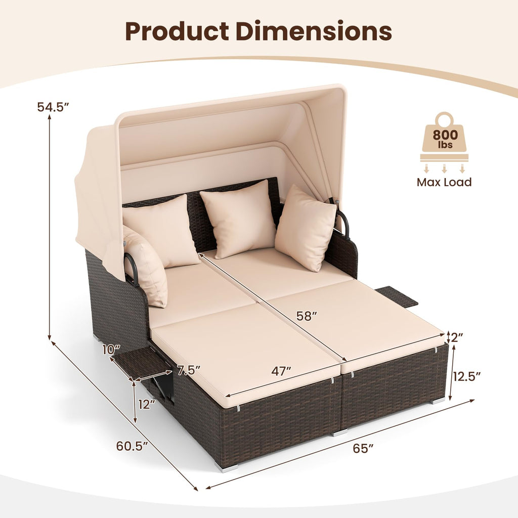 Tangkula Patio Rattan Daybed with Retractable Canopy, Outdoor Wicker Sunbed Lounger with 2 Foldable Side Tables, Thick Seat & Back Cushions, Outside Double Daybed for Garden, Backyard, Porch