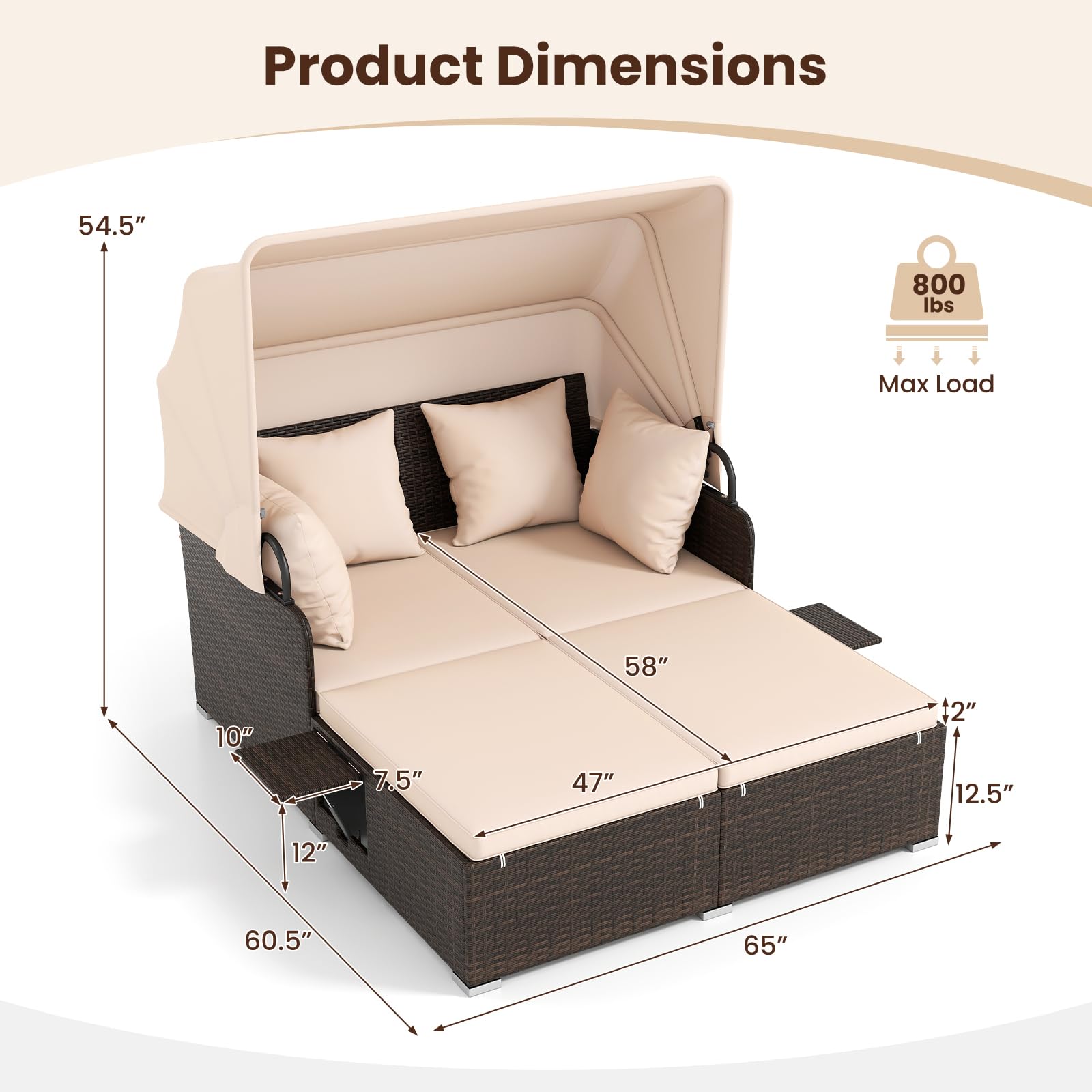 Tangkula Patio Rattan Daybed with Retractable Canopy, Outdoor Wicker Sunbed Lounger with 2 Foldable Side Tables, Thick Seat & Back Cushions, Outside Double Daybed for Garden, Backyard, Porch
