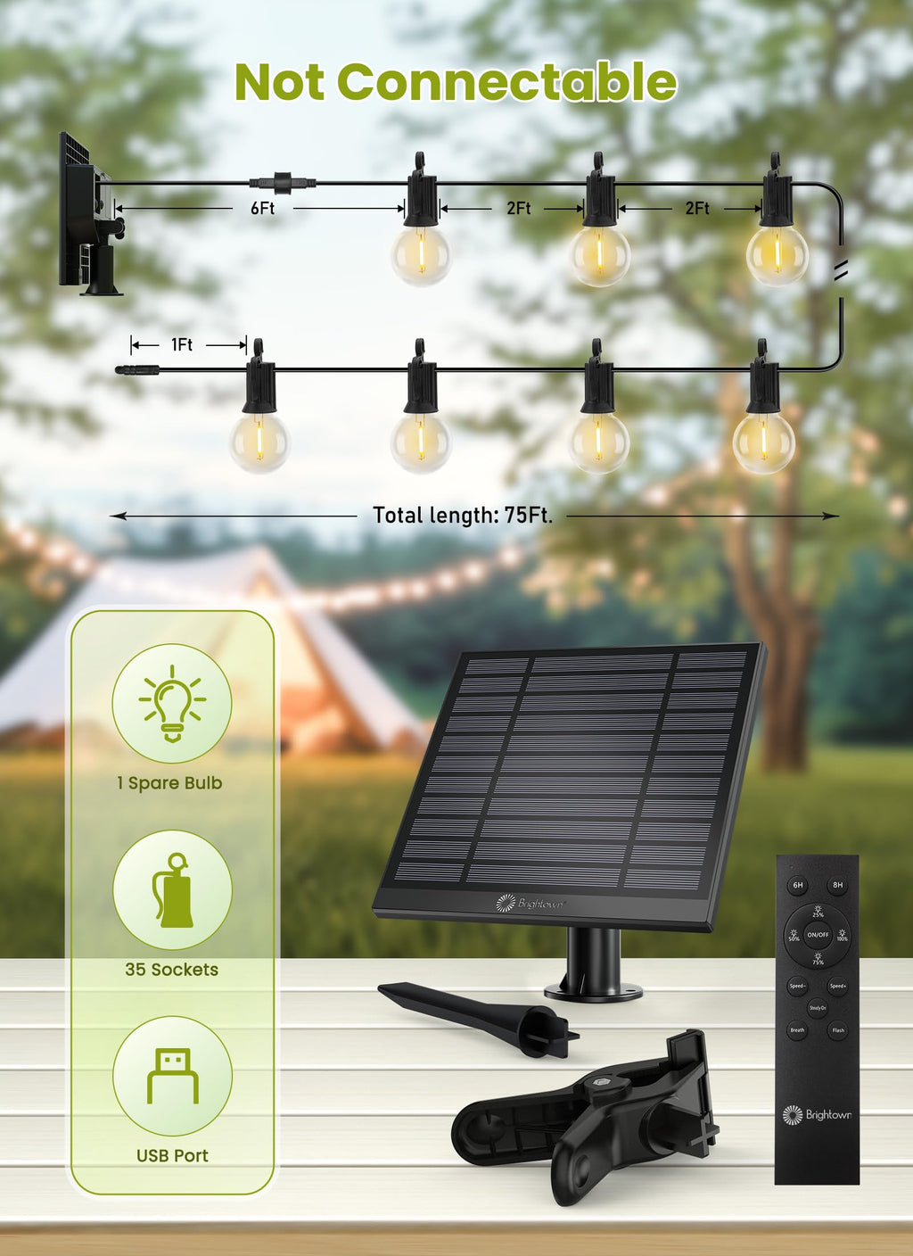 Brightown 58FT Solar String Lights Outdoor with Remote Cable Ties Hooks, 26 LED Shatterproof Bulbs, 3 Light Modes, Dimmer & Timer, Commercial Grade Patio Lights for Yard Balcony Pergola Party Decor