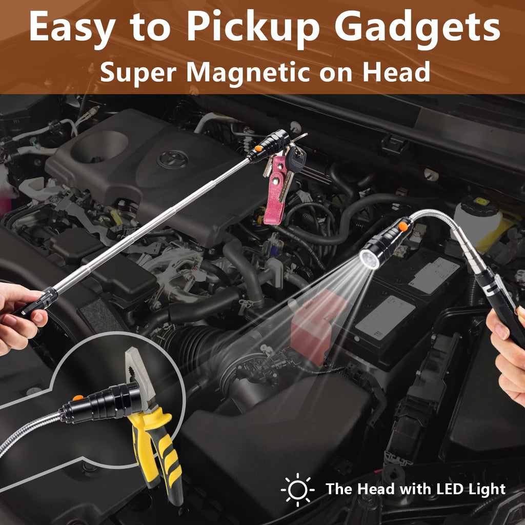 Telescoping Magnetic Pickup Tool Set with 1 & 15 lb Pick Up Sticks, Round and Square Adjustable Inspection Mirror and Flexible LED Flashlight, Fathers Day Dad Gifts for Men, Dad, Husband