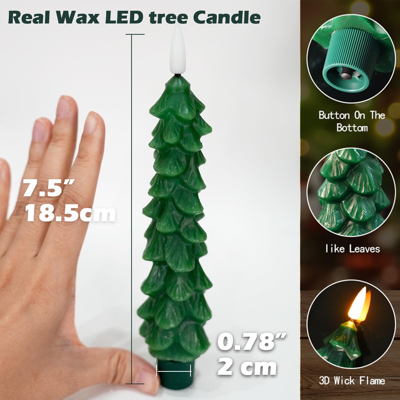 FPOO Christmas Decorations Indoor, 3 PCS Waxy Christmas Tree Candles with Remote Timer, Battery LED Candlesticks for Window, Table Centerpiece, Xmas Decor, Gift (7.5 inches)