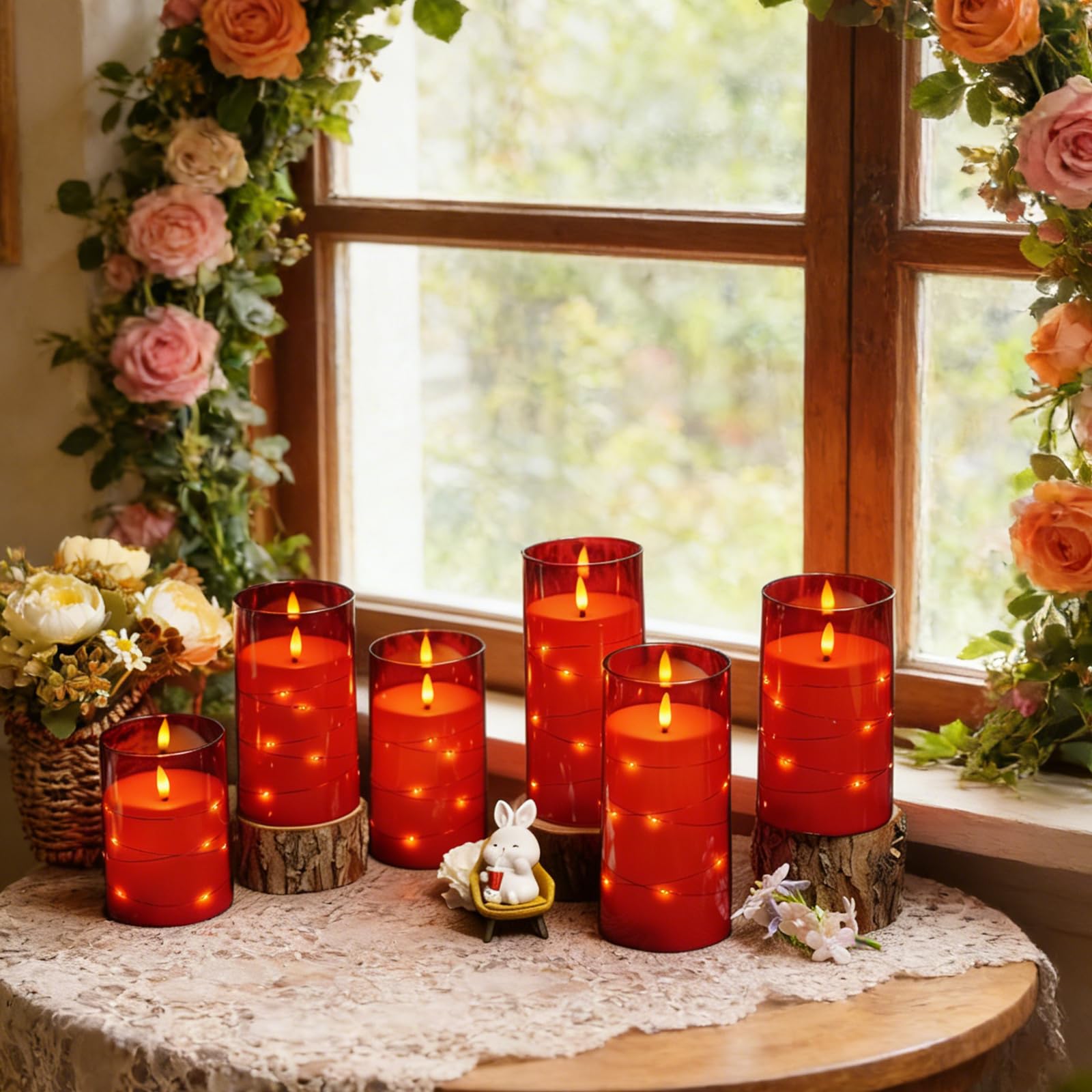kakoya Flameless LED Candles with Timer 5 Pc Flickering Flameless Candles for Romantic Ambiance and Home Decoration Stable Acrylic Shell,with Embedded Star String，Battery Operated Candles（Red）