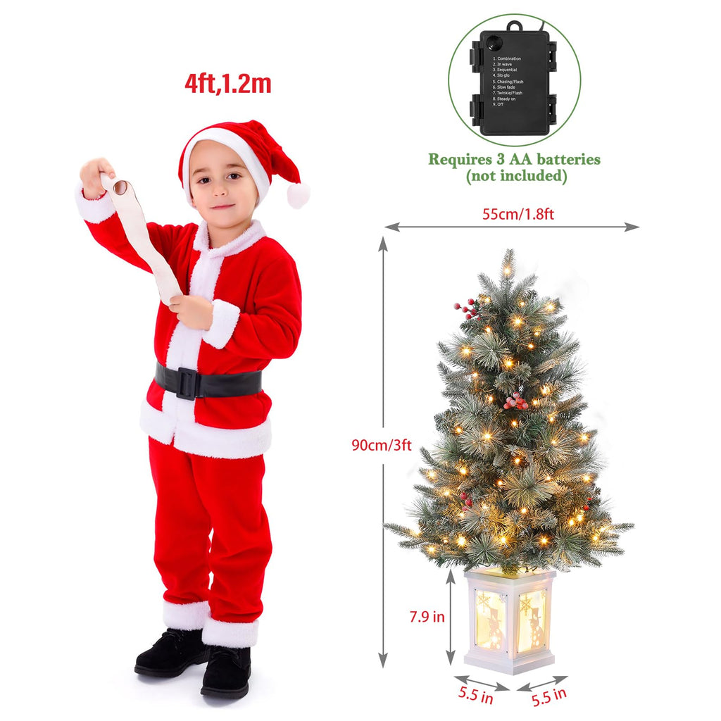3FT Prelit Premium Snow Flocked Artificial Christmas Tree with Warm White LED, Mini Prelit Xmas Pine Tree for Christmas Decoration,Yard,Home,Office,Outdoor,Indoor,8 Mode Snowflake White Base- 1PC