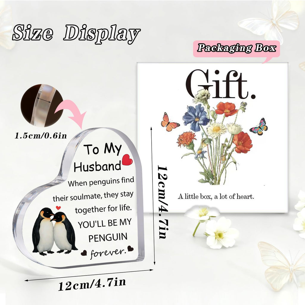 Gift for Husband, Romantic Acrylic Heart Penguin Paperweights, Anniversary, Valentine's, Christmas, Father's Day, Birthday Gifts for Husband from Wife