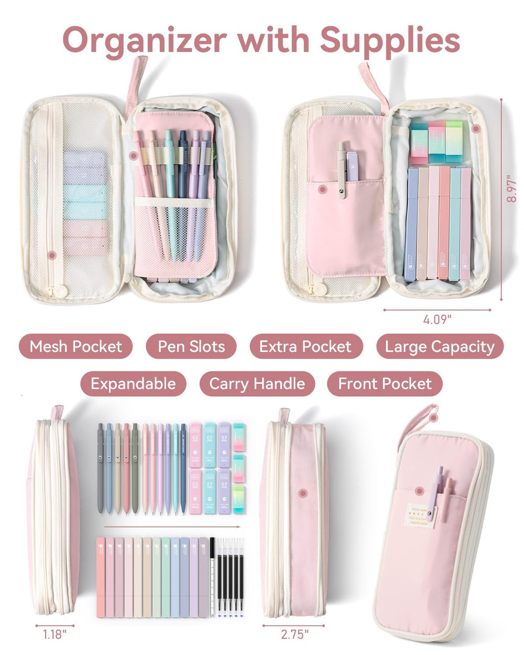 Four Candies 39 PCS Aesthetic Stationery Set with Cute Pen Case, College Supplies and Nursing Student Essentials, 12 Pastel Highlighters, 5 Black Gel Pens, 6 Mechanical Pencils, Blue
