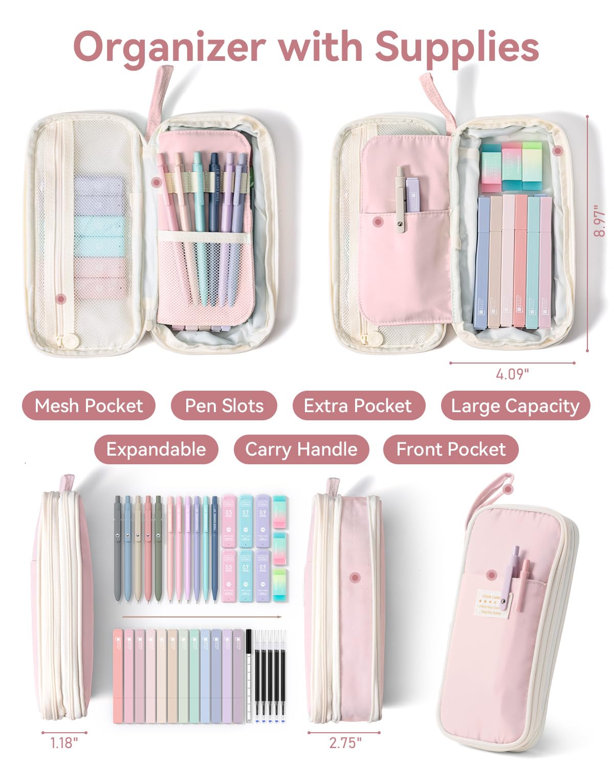 Four Candies 39 PCS Aesthetic Stationery Set with Cute Pen Case, College Supplies and Nursing Student Essentials, 12 Pastel Highlighters, 5 Black Gel Pens, 6 Mechanical Pencils, Blue