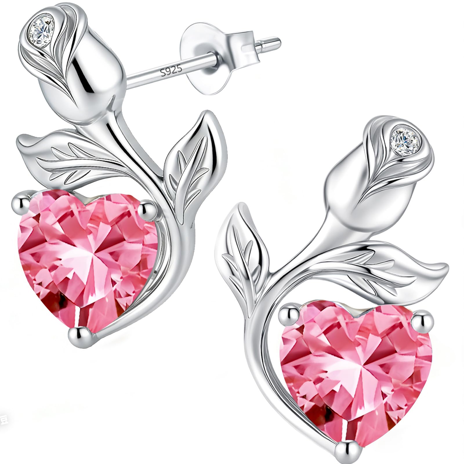 0.8CT Rose Heart Earrings Option of Sapphire Moissanite Stud Earrings Lab-Grown Earrings Birthstone Earrings for Women S925 Sterling Silver Post D Color VVS1 Clarity Ideal Gift for Wife Mother for Birthday Anniversary Mothers Day Gift for Mom Conveying I