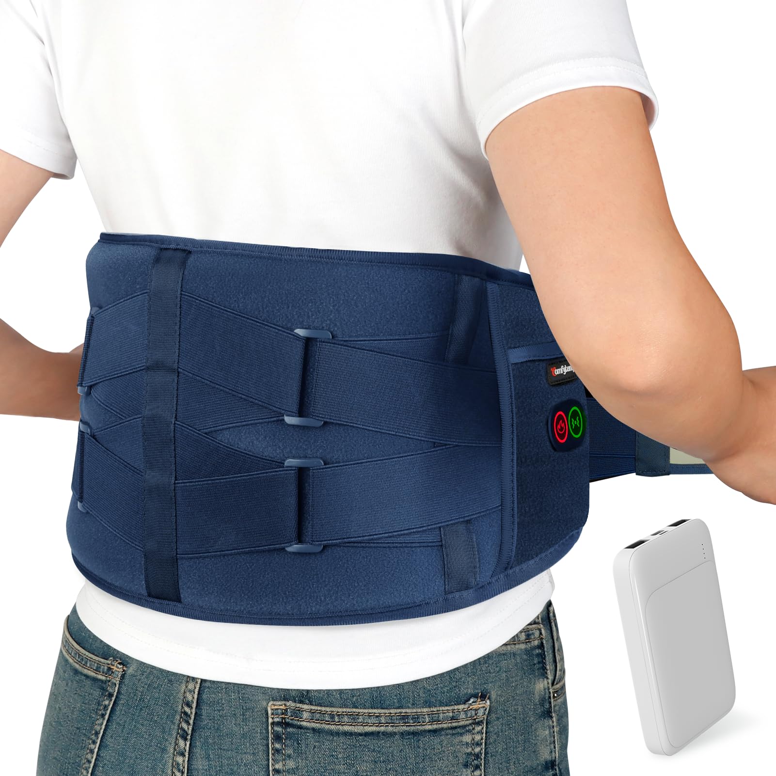 Comfytemp Cordless Heating Pad with Massager for Back, Fathers Day Dad Gifts for Men, FSA Eligible HSA Portable Lower Back Massager Rechargeable Wireless Electric, Women Mom Seniors 3 Heat 30mins Off