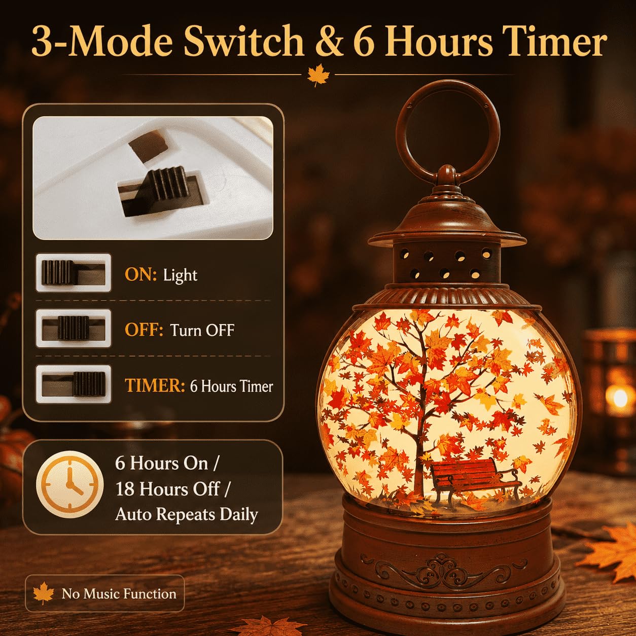 Fall Snow Globe Lantern with Swirling Maple Leaves, 9.45 Inch Autumn Water Lantern with 6 Hours Timer, USB & Battery Powered Thanksgiving Tabletop Home Decor