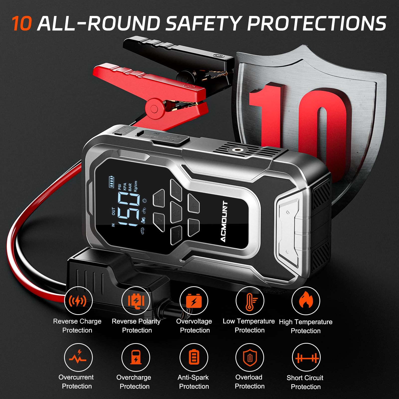 Acmount D18 Jump Starter with Air Compressor, 6000A Car Battery Jumper Starter Portable(All Gas/10.0L Diesel), 150PSI Tire Inflator Air Pump, 12V Jump Pack, 800LM Flashlight, Car Gift for Man