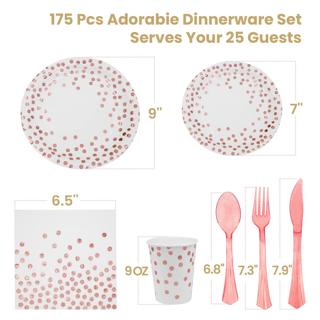 AIRE 175PCS White and Gold Party Supplies, Heavy Duty Disposable Dinnerware Set Serves 25, Paper Plates Plastic Forks Knives Spoons for Birthday,Graduation, Bridal Shower Decoration